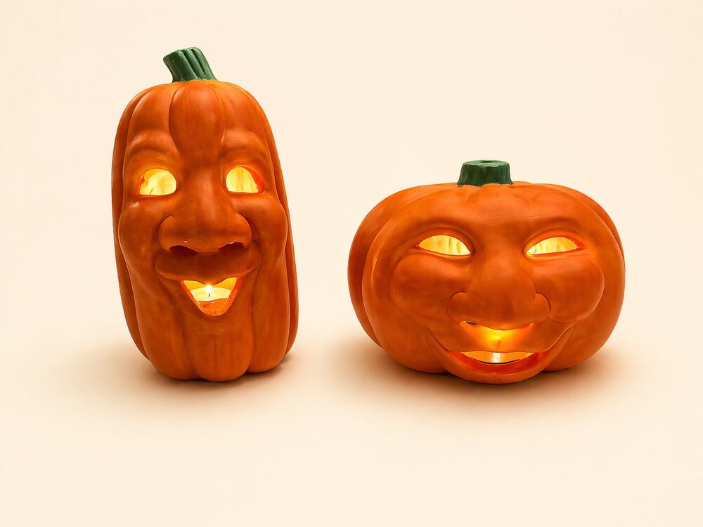 Vintage Pumpkin Figurine Set of 2 - 1990s Tall & Squat Jack-O-Lanterns Halloween